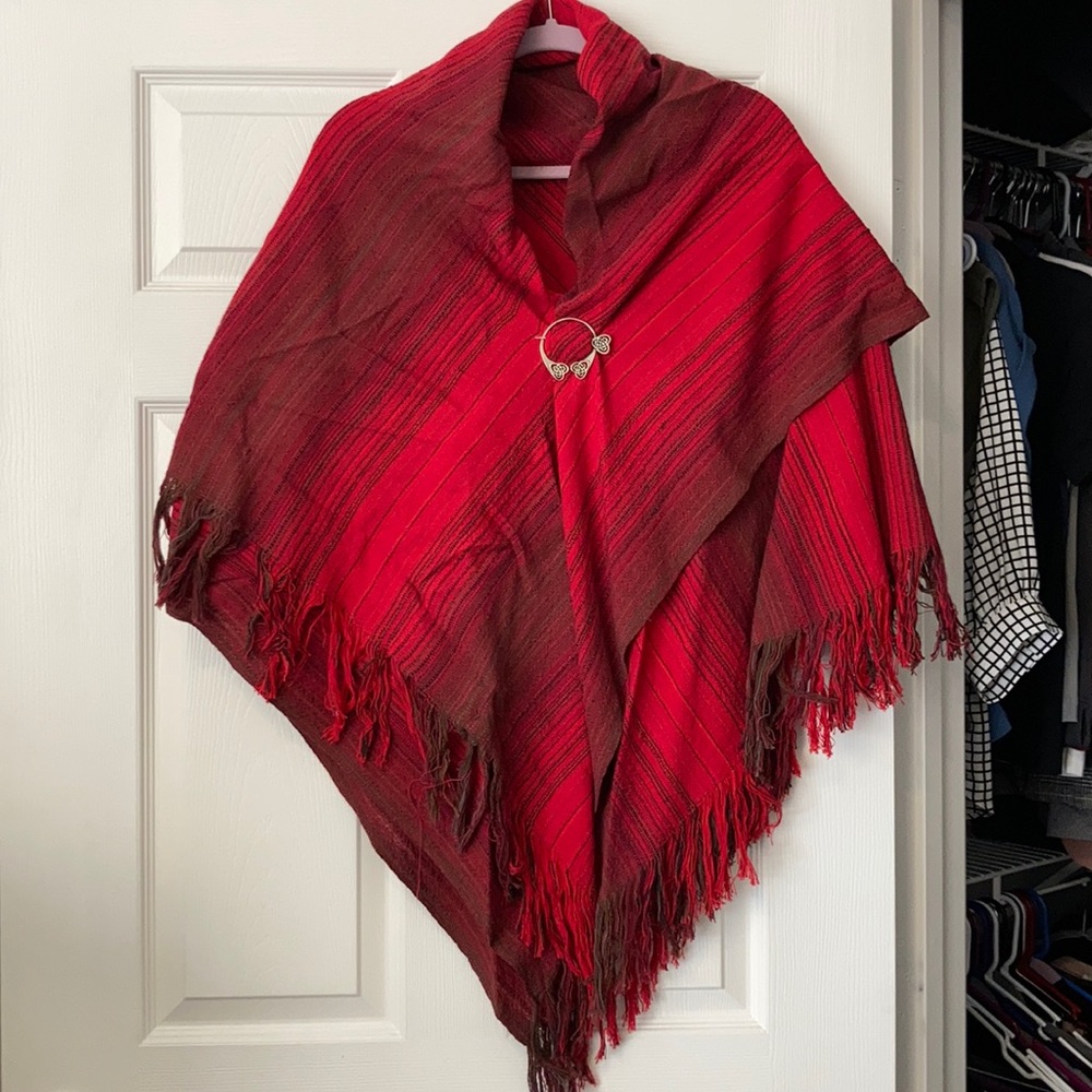 Unique Hand-Woven Square Shawl in Red w/ brooch